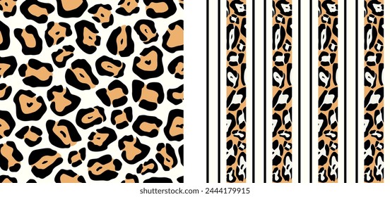 Set of seamless prints with leopard patterns and stripes on white backgrounds. Prints created in shapes that complement each other. Vintage style. For textile, wrapping, cover, home decor. Vector.