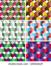 Set of seamless prismatic patterns imitating three dimensional cubes