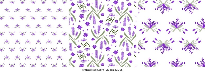 Conjunto de patrones florales sin soldadura púrpura sobre fondo blanco. Colección de flores de lavanda en color morado y verde. Esbozar plano. Collage botánico de estilo moderno y moderno.