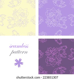 Set of seamless purple patterns with a  hand-drawn cartoon flowers for summer and spring design