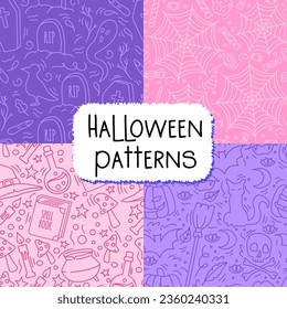 Set of Seamless purple pink Halloween patterns. Witchcraft spooky inventory. Vector illustration in doodle hand drawn style.