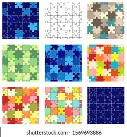 Set of seamless puzzle patterns of different colors. Endless texture can be used for wallpaper, pattern fills, web page background, surface textures. EPS8