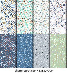 Set of seamless Rainy Day Patterns. Nature pattern for fabric. Rainy autumn or spring day, funny rain, rain drops wallpaper, ornament for textiles. Stock vector.