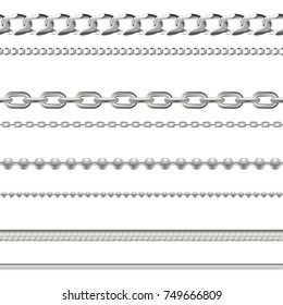 Set of seamless realistic vector silver chains. Vector illustration of silver links isolated on white background