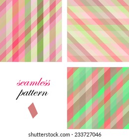 Set of seamless red and green  cute patterns of iridescent diagonal and vertical stripes of equal thickness for girls or children