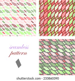 Set of seamless red and green  patterns of iridescent diagonal and horizontal stripes of equal thickness, forming quadrilaterals for the holiday or congratulations