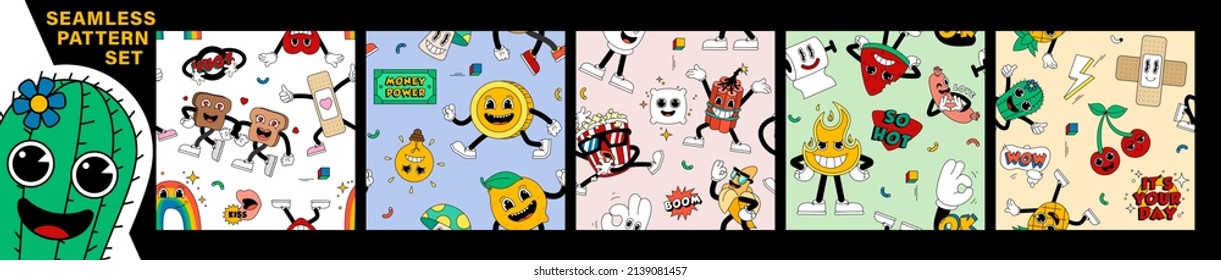 Set of seamless retro cartoon stickers with funny comic characters, gloved hands. Backgrounds with cute hand-drawn comic characters.
