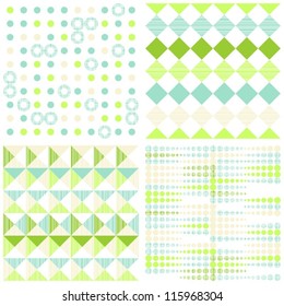 set of seamless retro geometric paper patterns in green white and turquoise squares dots and circles