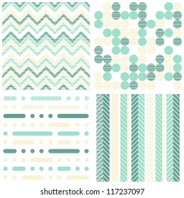 set of seamless retro geometric paper patterns in  turquoise  white and beige dots lines and chevron