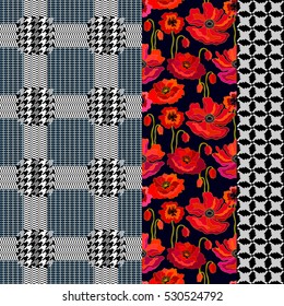 Set of seamless retro patterns. Classical English hounds tooth print Prince of Waves, floral border with poppies, checkered print..