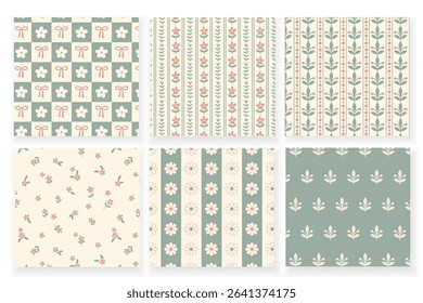 Set of seamless retro patterns with flowers, stripes, dots, and plant elements. Vintage pastel wallpaper collection for textile, wrapping paper, stationery, scrapbooking, packaging, and home decor.