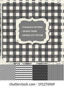 Set of seamless retro patterns with grunge texture and grunge frame. Texture and frame grouped separately.