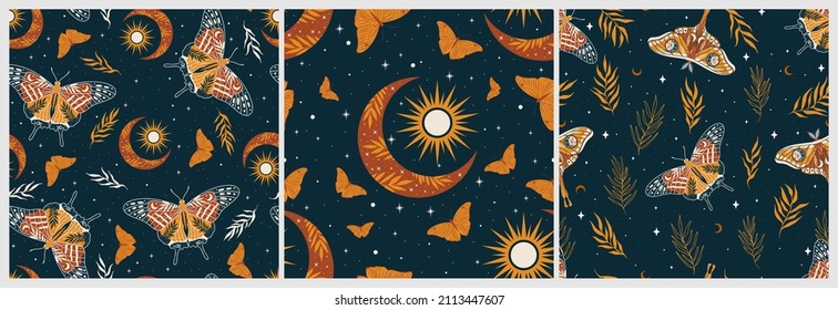 Set of seamless retro patterns with moths. Vector graphics. Contemporary composition. Trendy texture for print, textile, packaging.