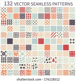 Set of seamless retro vector geometric, polka dot, floral, decorative patterns.