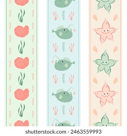 Set of seamless ribbons with sea creatures. Suitable for scrapbooks, greeting cards, textiles, printed products, home accessories.