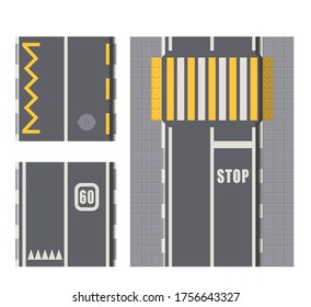 Conjunto de señalización de caminos sin inconvenientes sobre un fondo blanco aislado. Vista superior. Plantillas Infográficas De Autopista Directa. Carretera asfaltada y autopistas sin igual desde arriba. Ilustración vectorial.