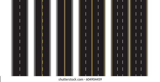 Set of Seamless Road Marking on a White Isolated Background. Top View. Straight Highway Infographic Templates. Vector EPS 10