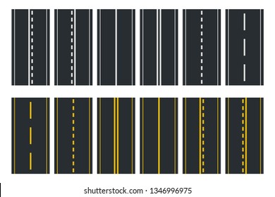 Set of Seamless Road Types. Highway Top View. Vector Illustration