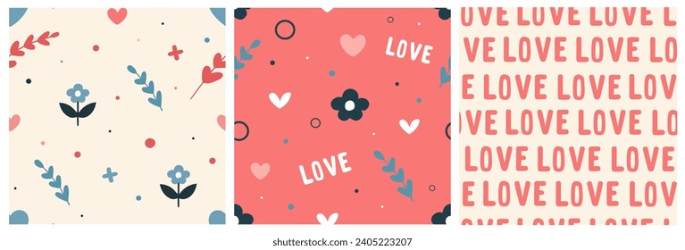 Conjunto de patrones de vacaciones para el día de San Valentín en forma cuadrada. Vectores sin fisuras como regalo, para imprimir y enviar por correo sobre el amor. Minimalismo