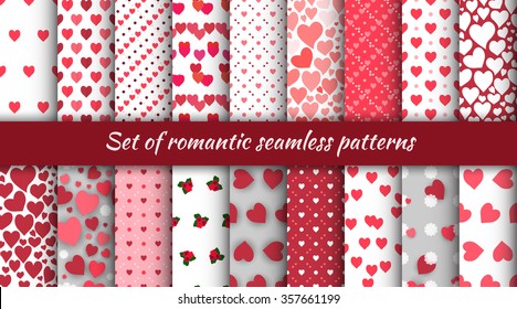 Set of seamless romantic patterns with hearts and roses for the Day of St. Valentine. Stock vector.