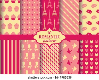 Conjunto de patrones románticos impecables, corazón dulce, tema primaveral. Ilustración vectorial.