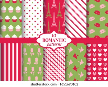 Set of the seamless romantic patterns, sweet heart, spring theme. Vector illustration.