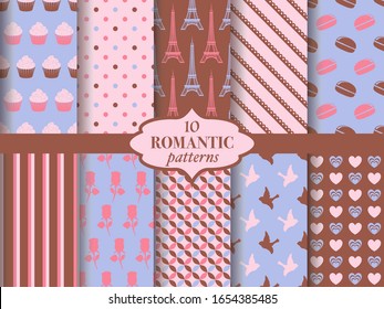Set of the seamless romantic patterns, sweet heart, spring theme. Vector illustration.