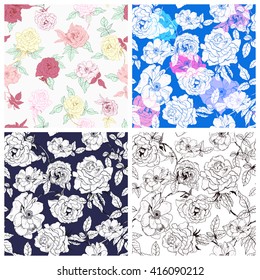 Set of seamless roses patterns. Flowers background. Decorative ornament backdrop for textile, wrapping paper, card, invitation, wallpaper, web design. Isolated flowers. Vector illustration.