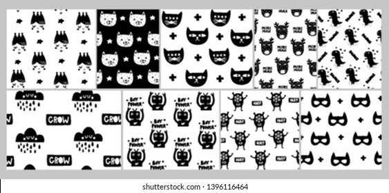 Set of seamless scandinavian patterns with cats, robots and other funny cartoon characters. Vector collection with modern prints for baby room decor or children fabric.