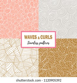 Set of seamless sea hand-drawn patterns, wavy backgrounds. Vector illustration in hand drawn style. Simple line repeated design for wallpaper or fabric.