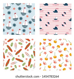 Set of seamless Sea pattern with boat, surfboard, palm leaf, crab and starfish on background. Vector illustration as fabric, textile, clothes