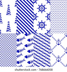 Set of seamless sea patterns. Blue marina background.