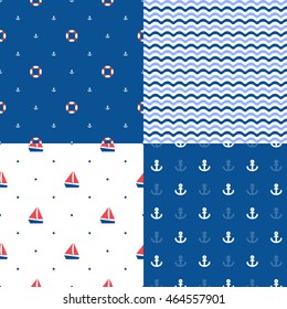 Set of seamless sea patterns. Marine pattern collection. Nautical theme backgrounds