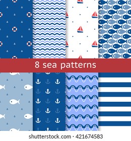 Set of seamless sea patterns. Seamless nautical pattern. Marine pattern. Summer theme backgrounds