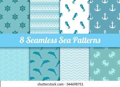 Set of seamless sea patterns. Wave, anchor, dolphin, crab, steering wheel and sea horse vector textures