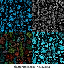Set of seamless sea/ocean underwater patterns. Summer vector illustrations. Various shell, algae, fish, starfish, bottle with a letter, key on black background. 