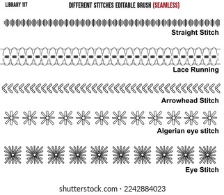 SET OF SEAMLESS SEWING STITCH BRUSH PATTERN DESIGNED FOR GARMENTS, BAGS, APPARELS AND CLOTHINGS IN EDITABLE VECTOR