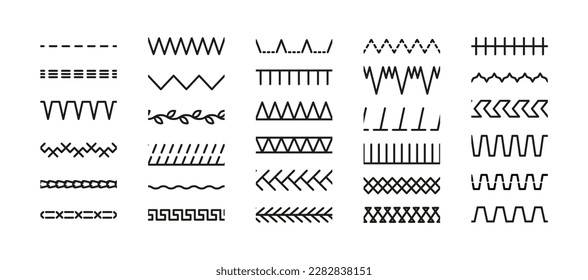 Set of seamless sewing stitches. Overlock embroidery seams. Collection of machine thread sew brushes. Simple zigzag elements vector illustration. Line border isolated on white background.