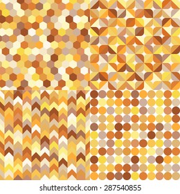 set of seamless shiny gold metallic geometric pattern. Mosaic random glitter dots background.