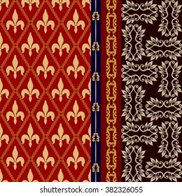 Set of seamless silk damask wallpapers. Lilies and rhombus pattern, floral and geometrical borders, bohemian style leaves background. Art Deco wallpaper collection. Red and golden shadows.