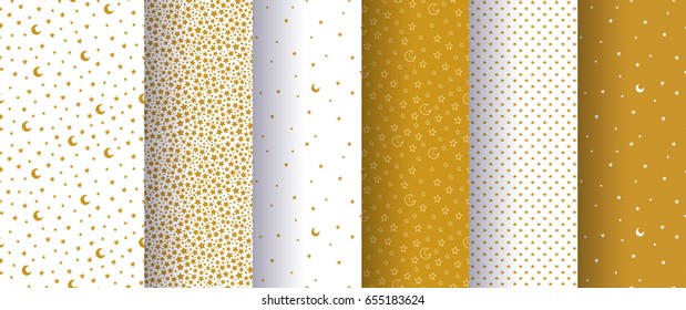 Set of seamless simple abstract patterns with gold or yellow stars and moons on white background. Good for surface design. Vector illustration. 