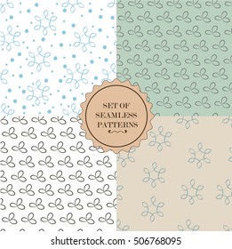 Set of seamless simple cute vector patterns. Two of them are on the white background and other two are colored. Set of nature abstract backgrounds. 