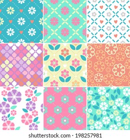 Set of seamless simple flowers patterns.