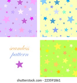 Set of seamless simple light patterns from colored stars with rounded corners