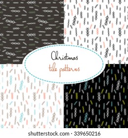 Set of seamless simple vector graphics pattern for your design. Tile Christmas backgrounds with pine-tree twigs. Wrapping paper textures collection. Merry Christmas and Happy New Year!
