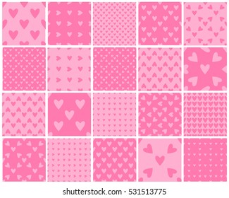 Set of seamless soft pink hearts patterns. Valentine's day tile backgrounds. Romantic vector patterns.
