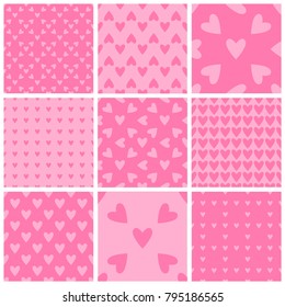 Set of seamless soft pink hearts patterns. Valentine's day tile backgrounds. Romantic vector patterns.