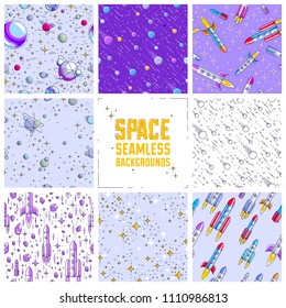 Set of seamless space backgrounds with rockets, planets, asteroids, comets, meteors and stars, undiscovered deep cosmos fantastic textiles fabric for children, endless tiling pattern, vector.