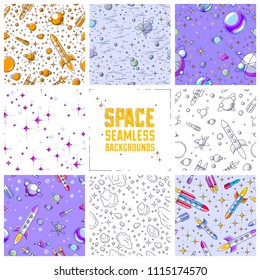 Set of seamless space backgrounds with rockets, planets, asteroids, comets, meteors and stars, undiscovered deep cosmos fantastic textiles fabric for children, endless tiling pattern, vector.