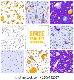 Set of seamless space backgrounds with rockets, planets, asteroids, comets, meteors and stars, undiscovered deep cosmos fantastic textiles fabric for children, endless tiling pattern, vector.